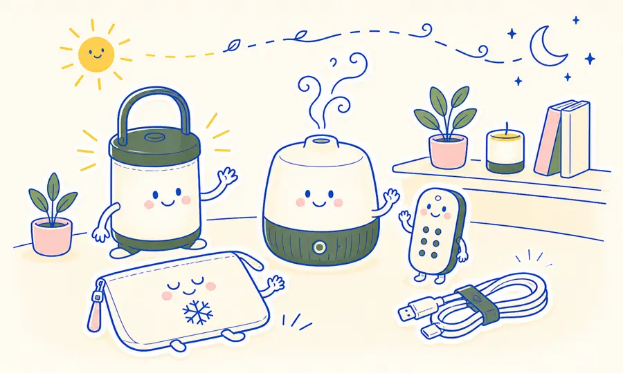 Hand-drawn Solbrim everyday helpers arranged from day to night