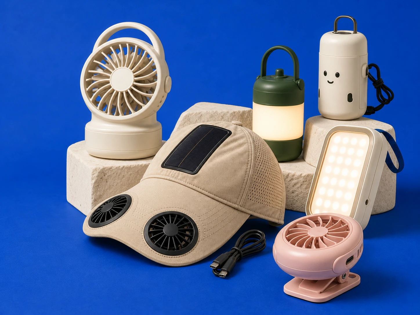 Solbrim solar fan hat, desk fan, portable lantern, work light, and clip fan