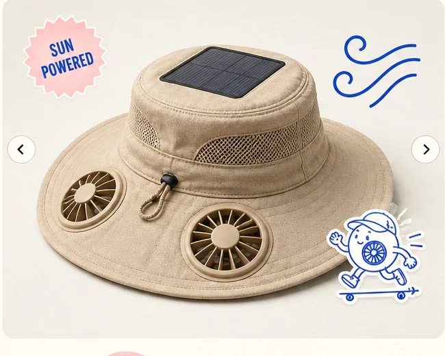Solbrim Air Hat with solar panel, brim fans, and airflow illustration