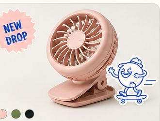 Blush Solbrim Clip-On Fan with an adjustable head and clamp base