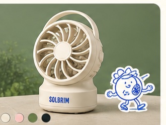 Sand Solbrim Mini Desk Fan with a tilting fan head on a tabletop